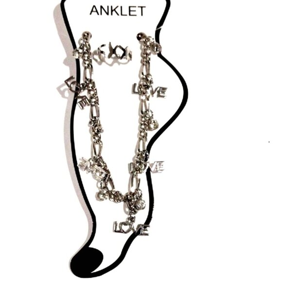 Silver-Tone Love word Anklet with Matching Toe Ring – Boho Festival Jewelry Set - Picture 3 of 8